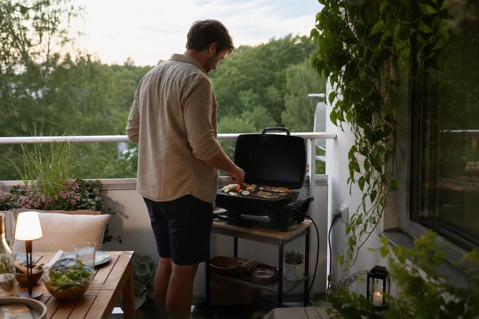 Elgrill uppställd på en balkong med sladd till vägguttag
