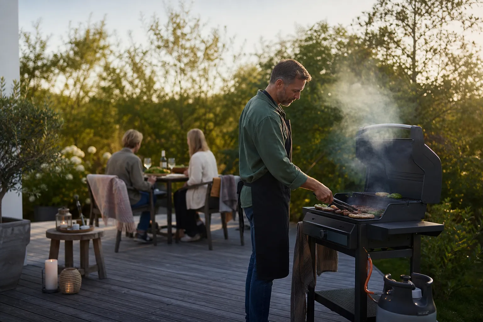 Elgrill och gasolgrill uppställda bredvid varandra på uteplats