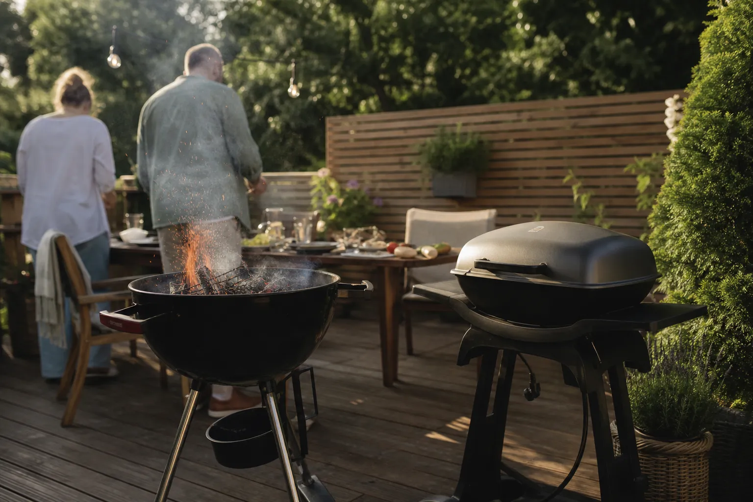 Elgrill med sladd bredvid en kolgrill med glödande kol