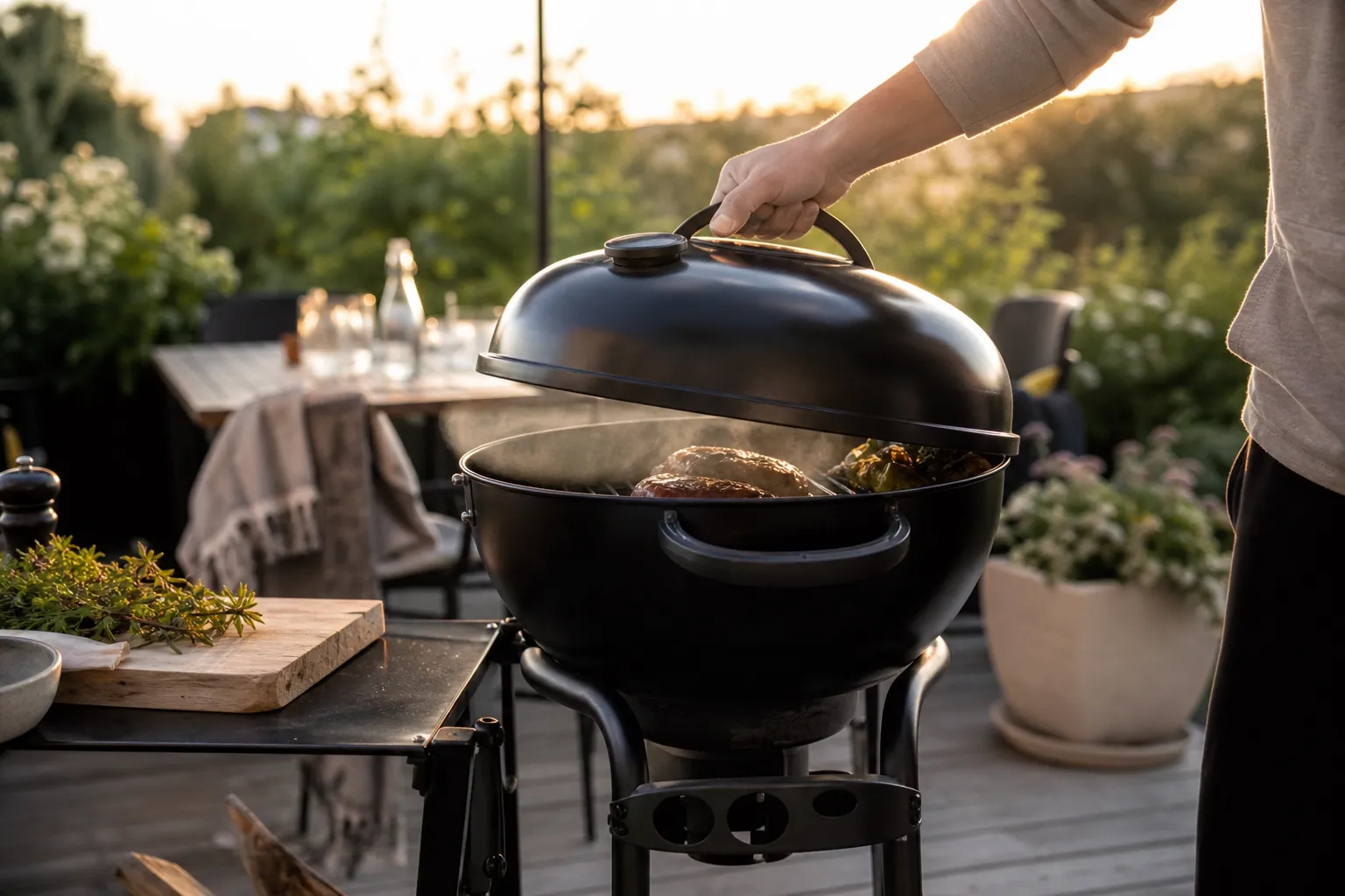 Elgrill med stängt lock av gjuten aluminium utomhus