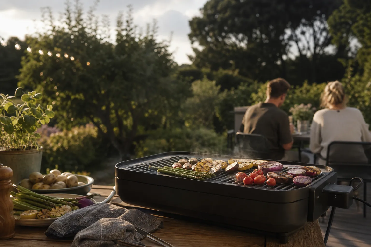 Elgrill utan öppen låga med stängt lock på uteplats