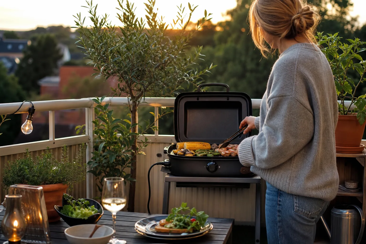 Elgrill med glödande värmeelement på en balkong