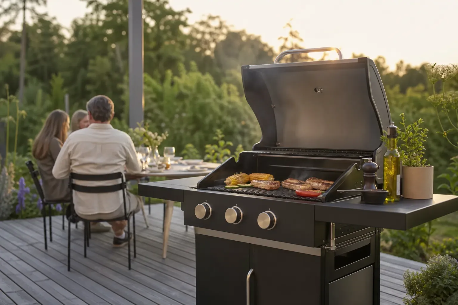 Gasolgrill med tre brännare och tänd låga under grillgallret