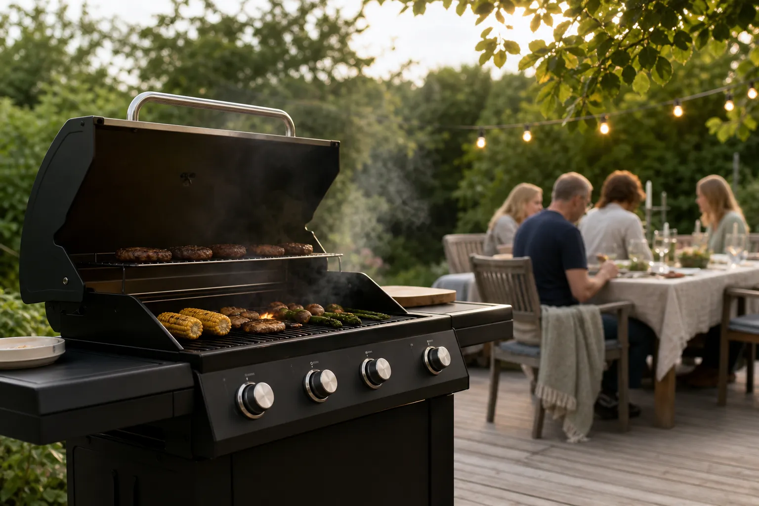 Vagnmonterad gasolgrill med fyra brännare och sidobord