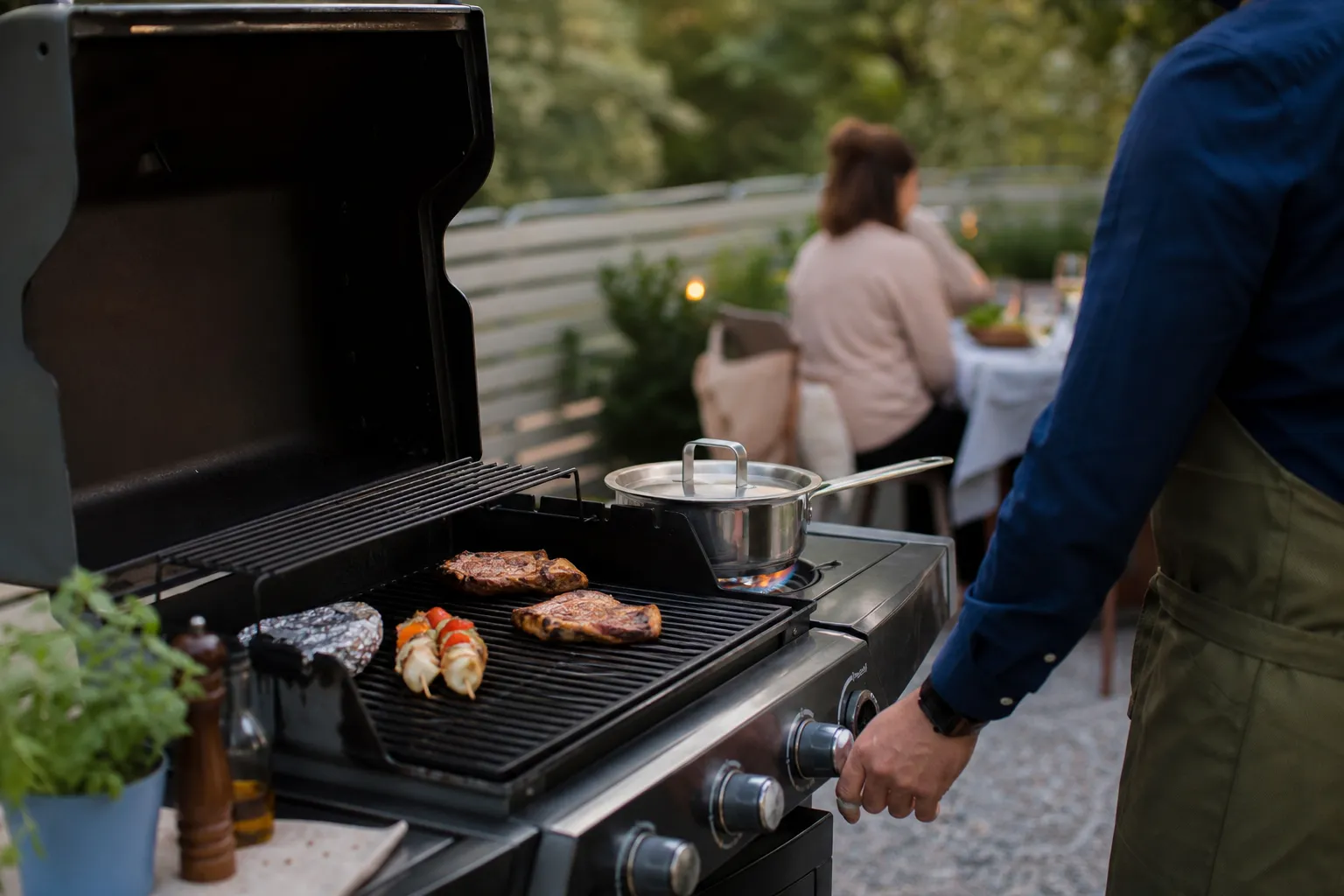 Gasolgrill med sidobrännare monterad vid grillytans kortsida