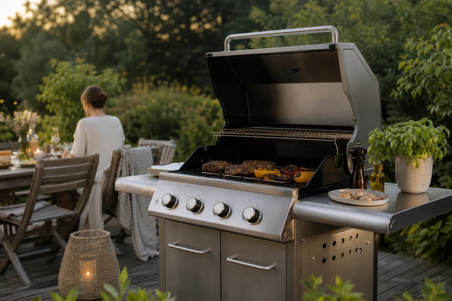 Gasolgrill med huv och vagn i rostfritt stål på uteplats