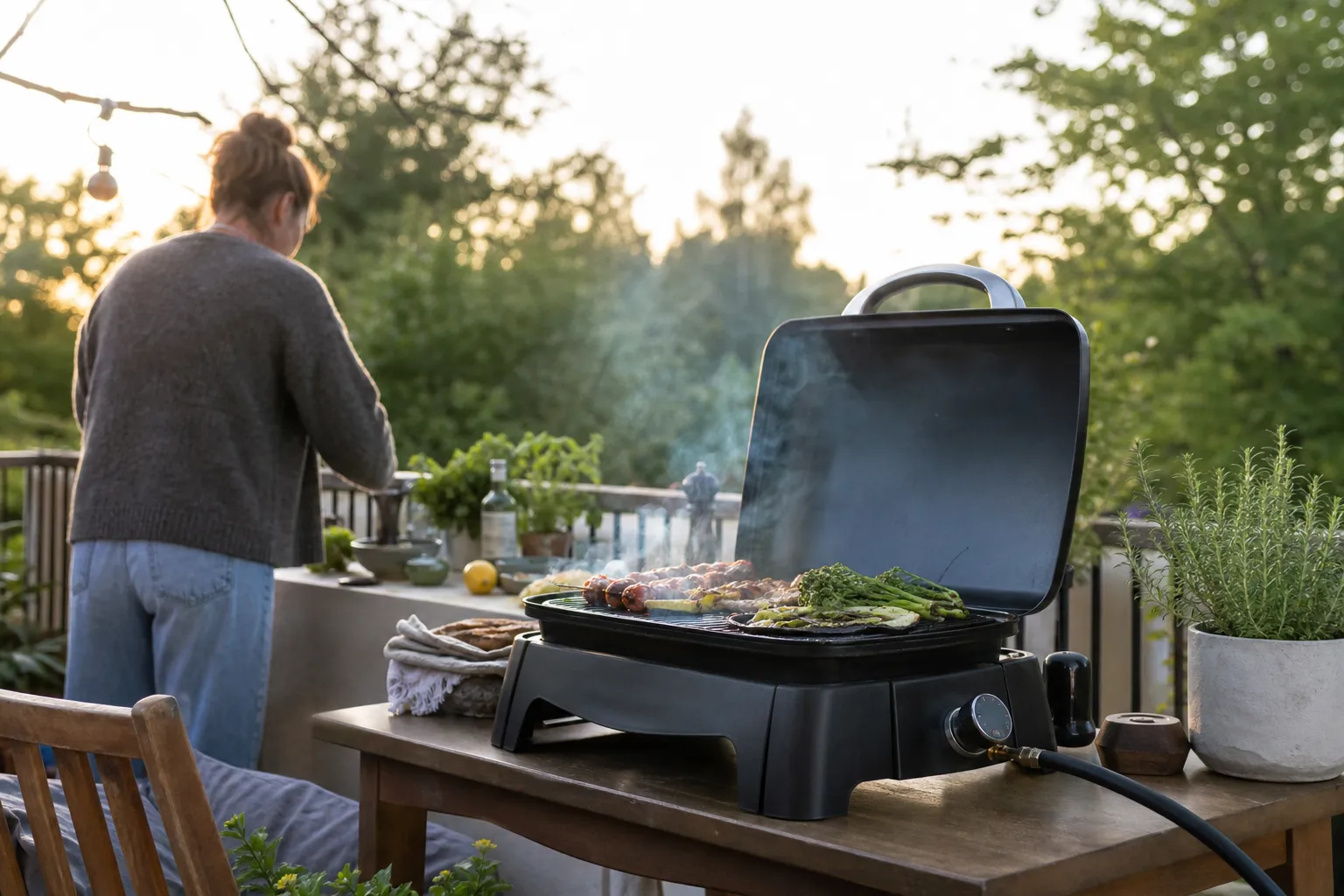 Liten gasolgrill på en balkong med tänd brännare