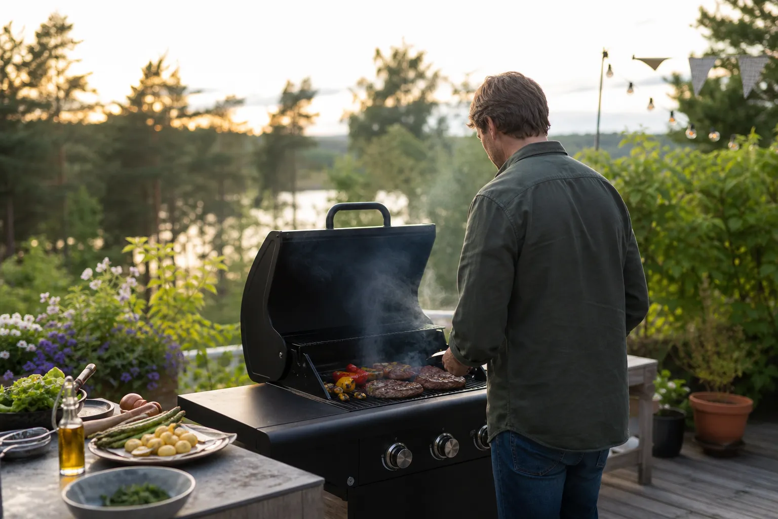 Gasolgrill med öppet lock och tänd brännare utomhus