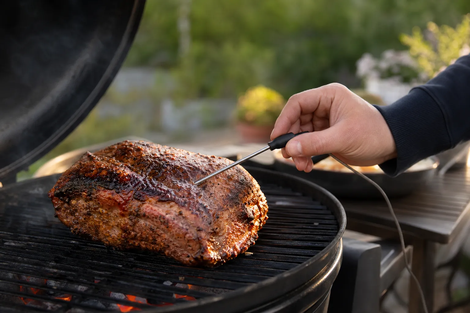Hand sticker in en digital grilltermometer i mitten av en köttbit på grillen