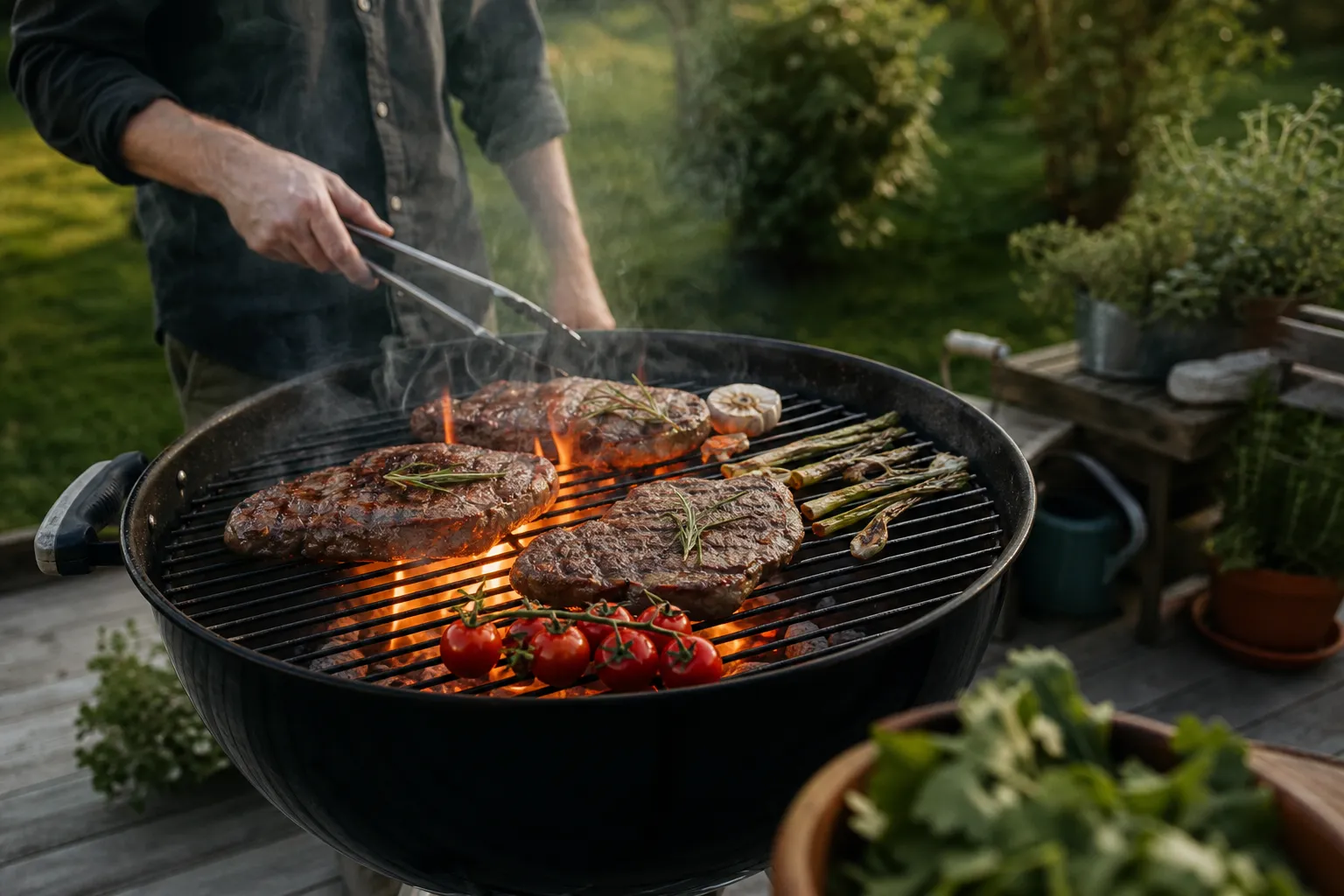 Korv och grönsaker grillas direkt över het glöd på en kolgrill