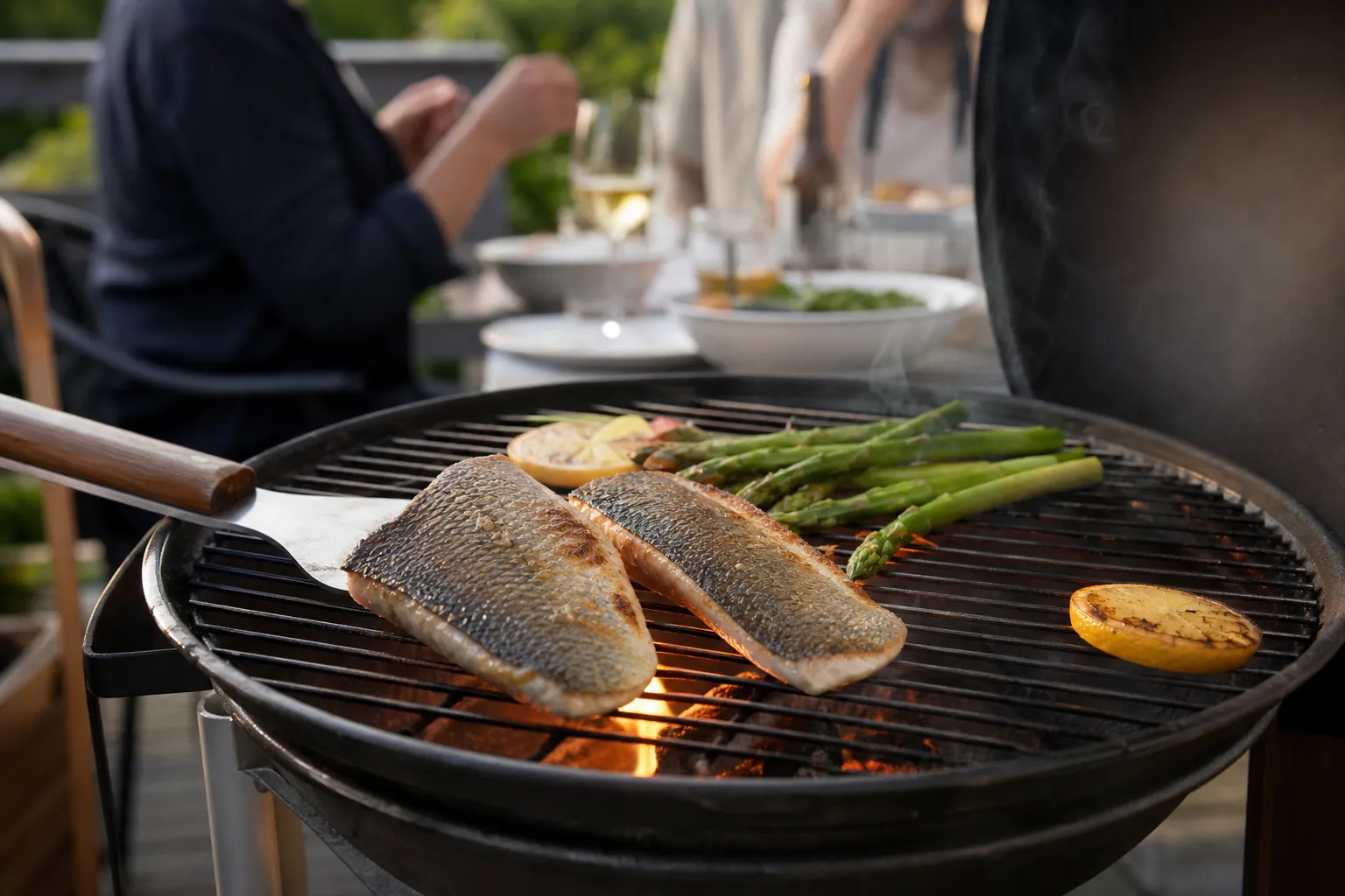 Laxfilé med skinnsidan nedåt grillas över glöd på en kolgrill