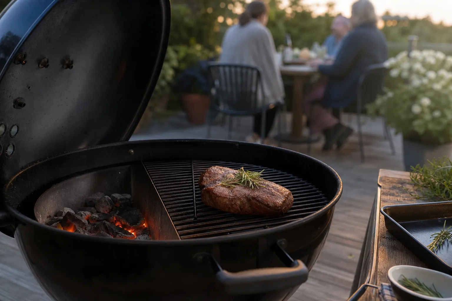 Kyckling tillagas indirekt med stängt lock på en kolgrill med glöd på ena sidan