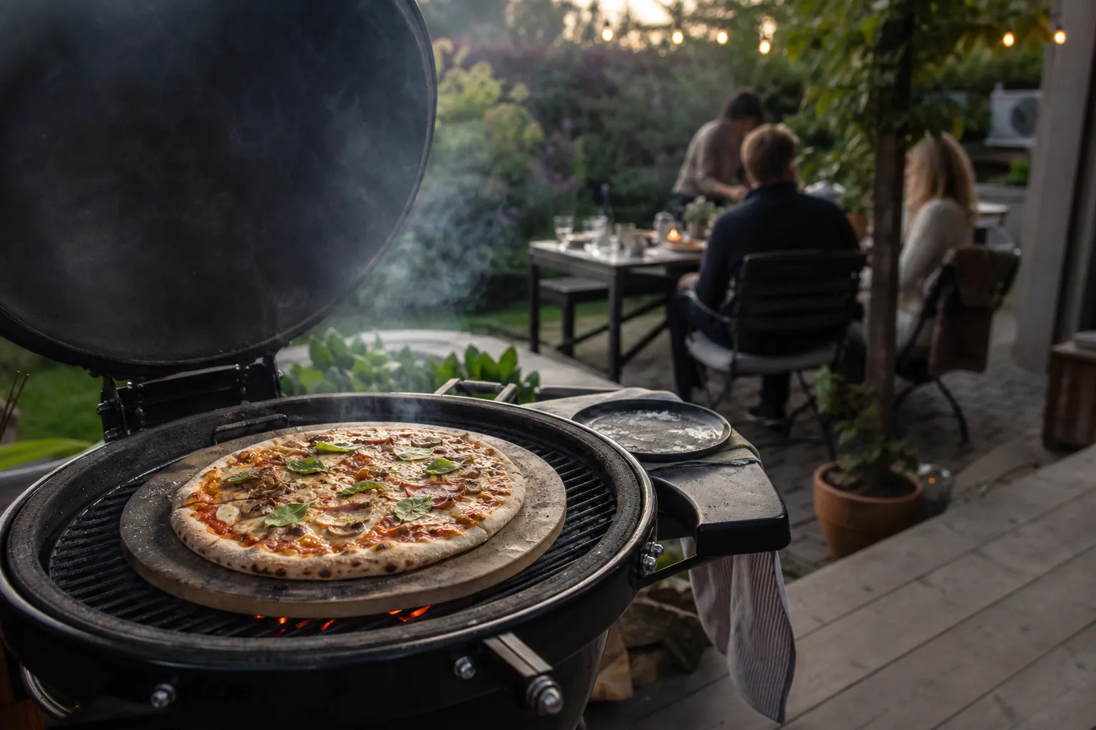 Pizza gräddas på en förvärmd pizzasten i en gasolgrill med stängt lock