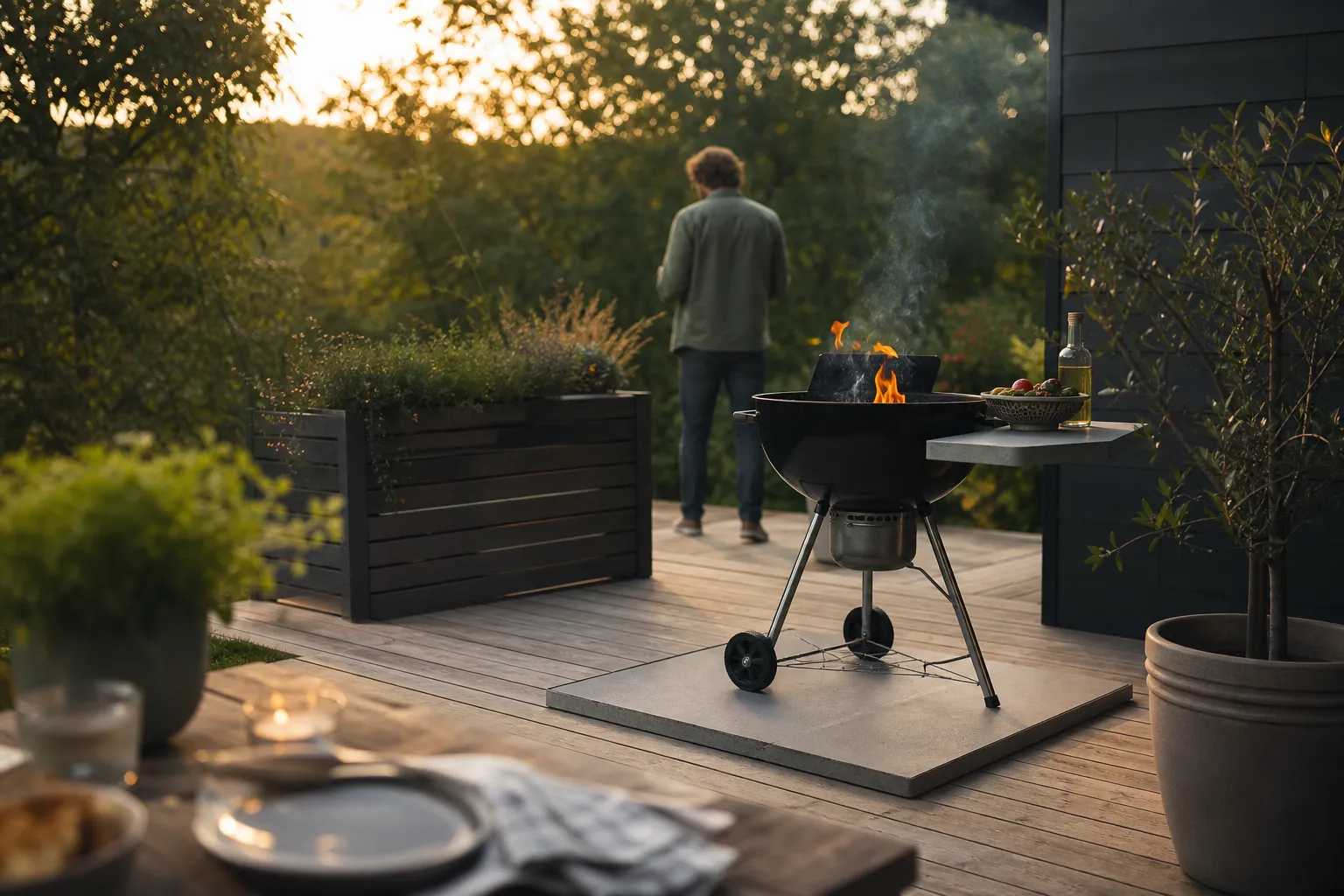 Grill placerad med gott avstånd till husvägg, med vattenhink stående bredvid