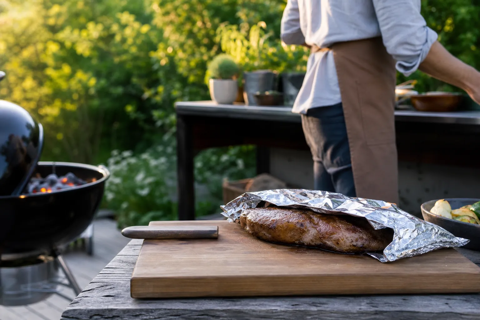 Grillat köttstycke vilar löst täckt med folie på en skärbräda
