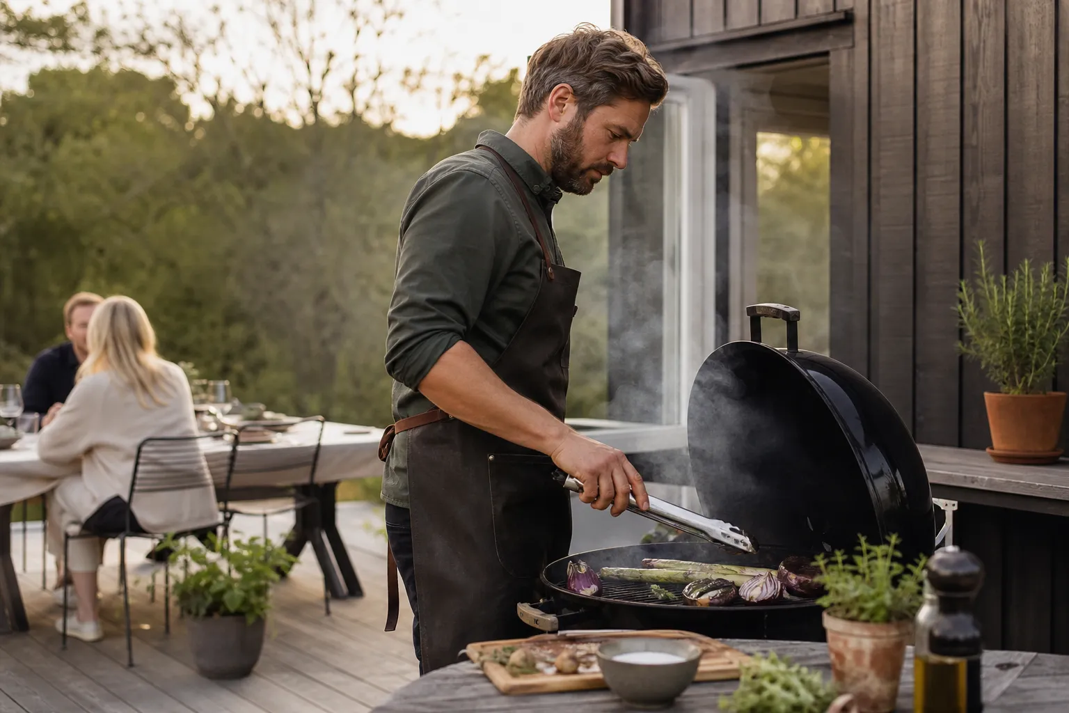Grillare kontrollerar glöden i en kolgrill med grilltermometer i handen