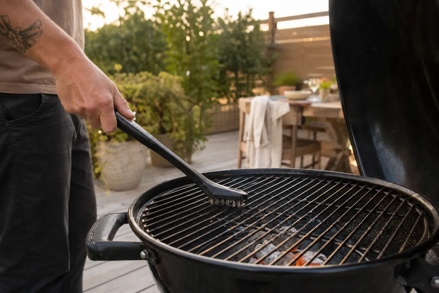 Grillborste med långt skaft läggs mot ett varmt grillgaller
