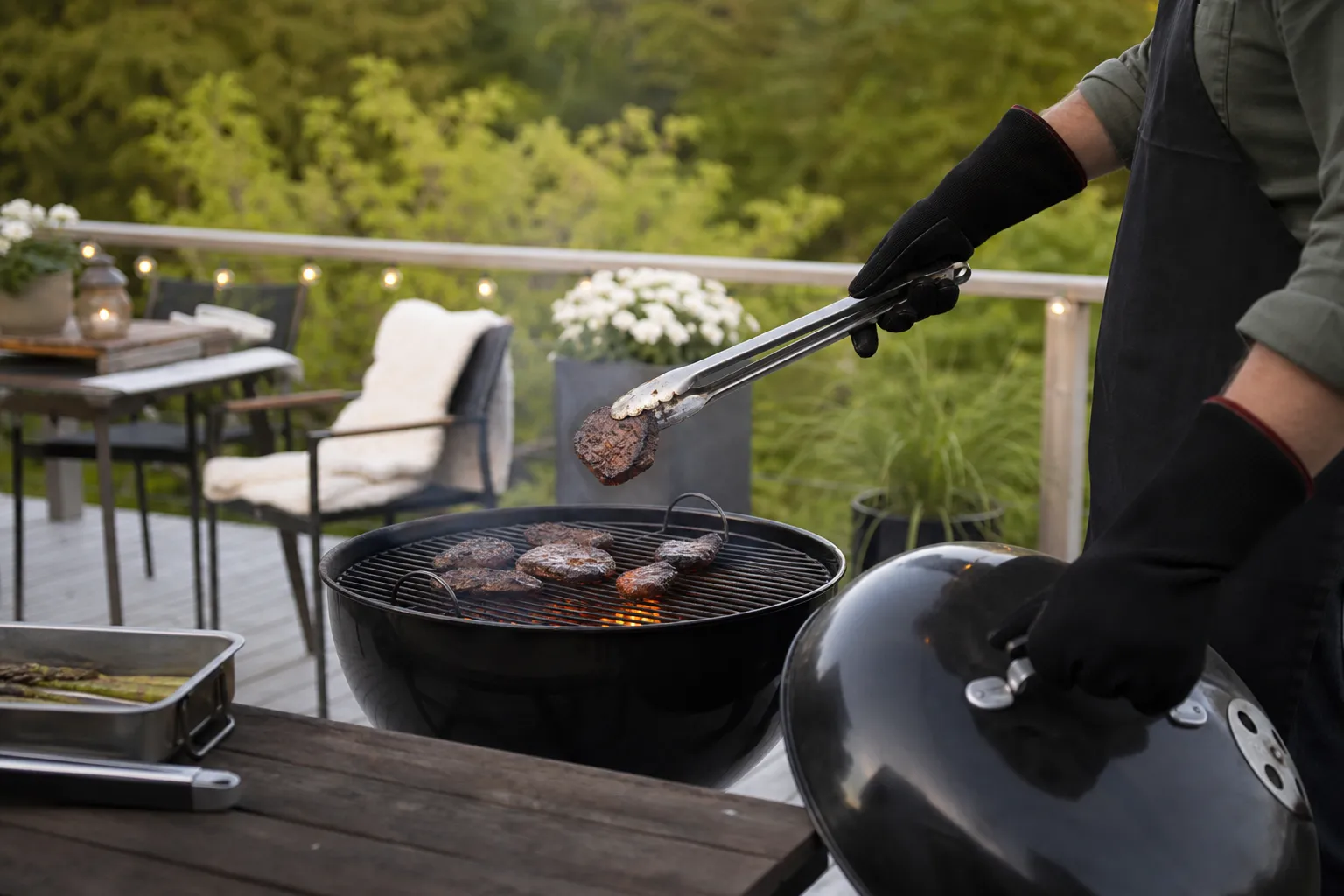 Grillhandskar med lång mudd används för att lyfta grillock