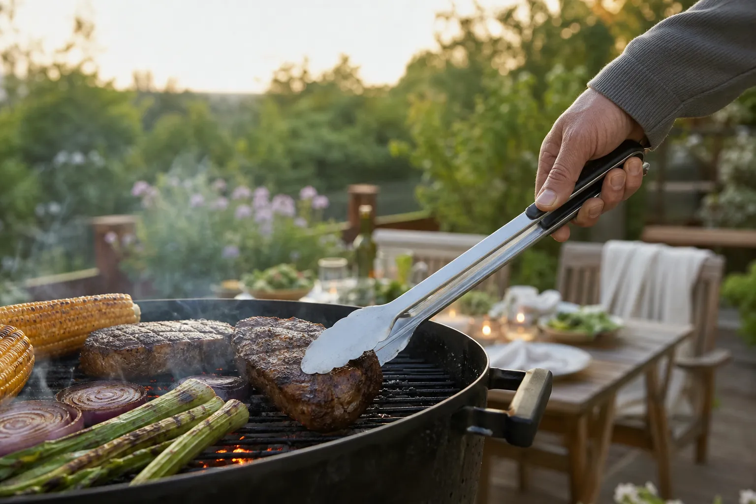 Grilltång i rostfritt stål vänder kött på ett grillgaller