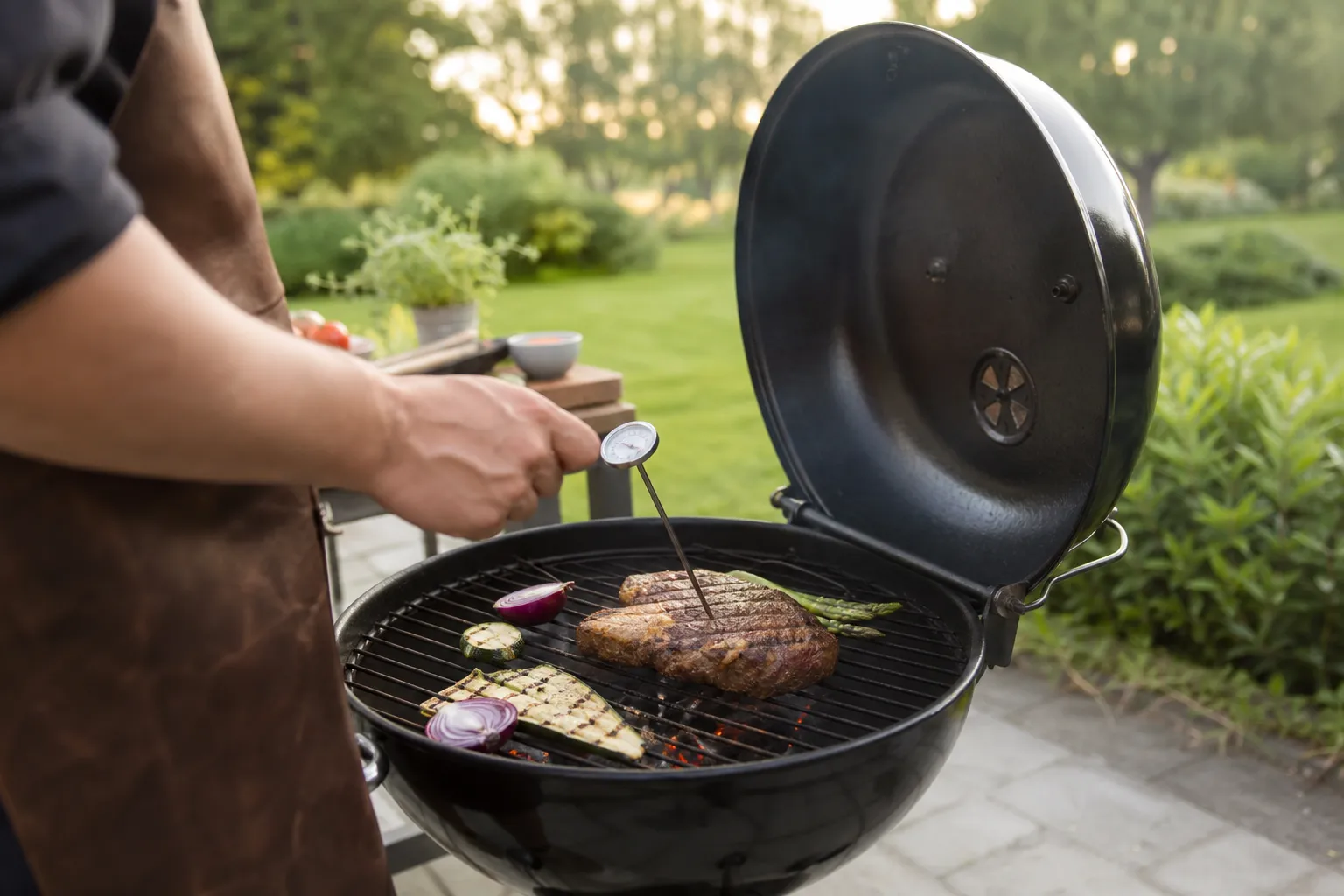 Digital grilltermometer med insticksprob i en köttbit på grillen
