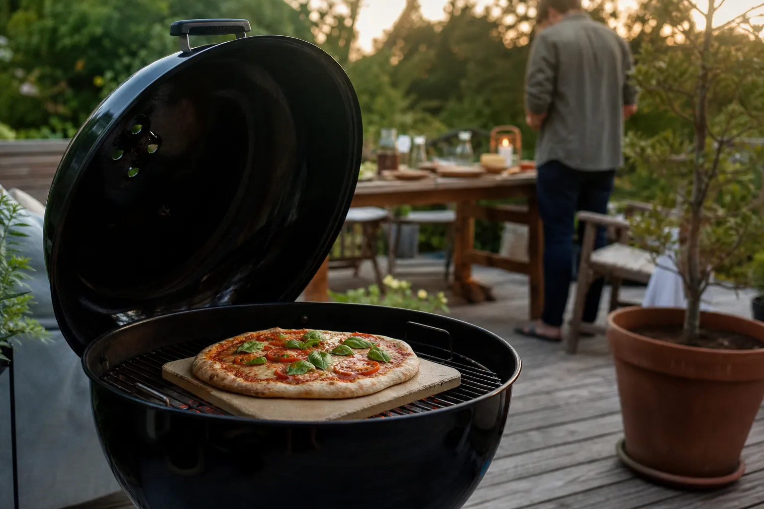 Pizza gräddas på pizzasten i en öppen grill med lock