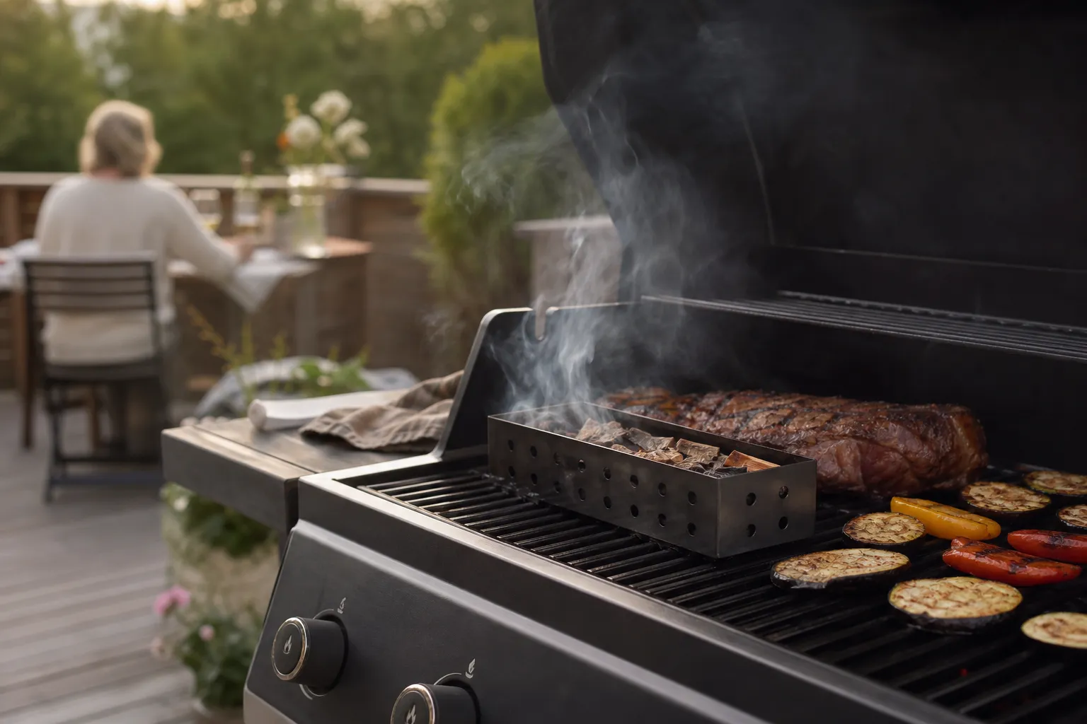 Rökbox i rostfritt stål fylld med träflis på ett grillgaller