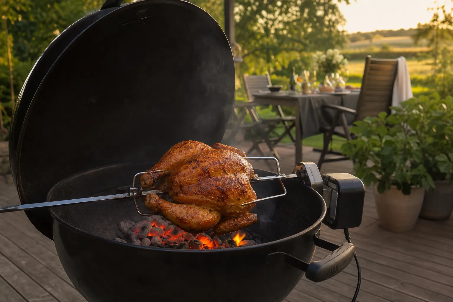 Hel kyckling roterar på spett i en rotisserie över grillen