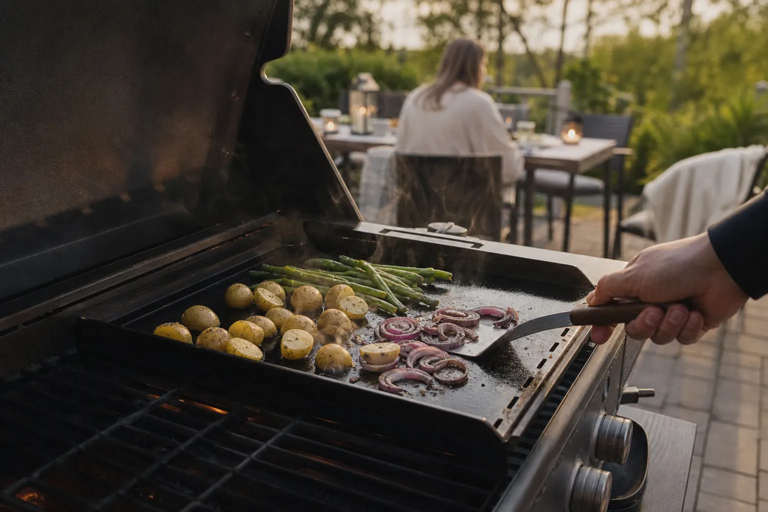 Stekplatta med grönsaker och räkor som tillagas på grillen