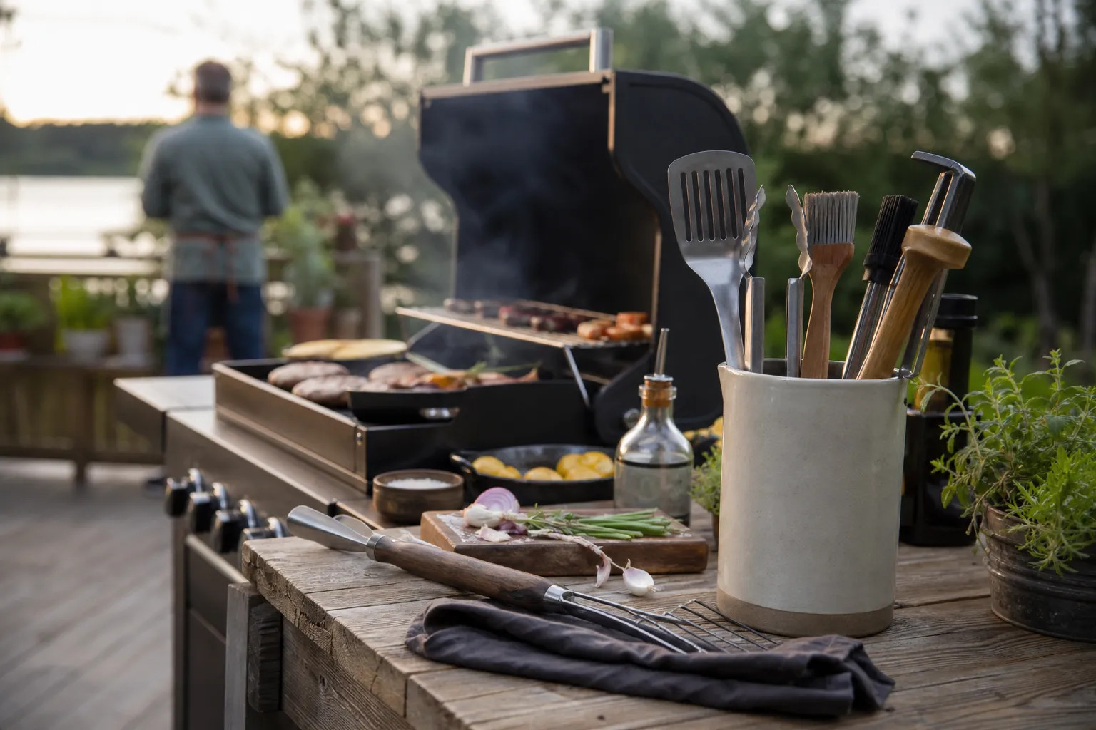Uppsättning grilltillbehör: termometer, galler, tång och pizzasten intill en grill