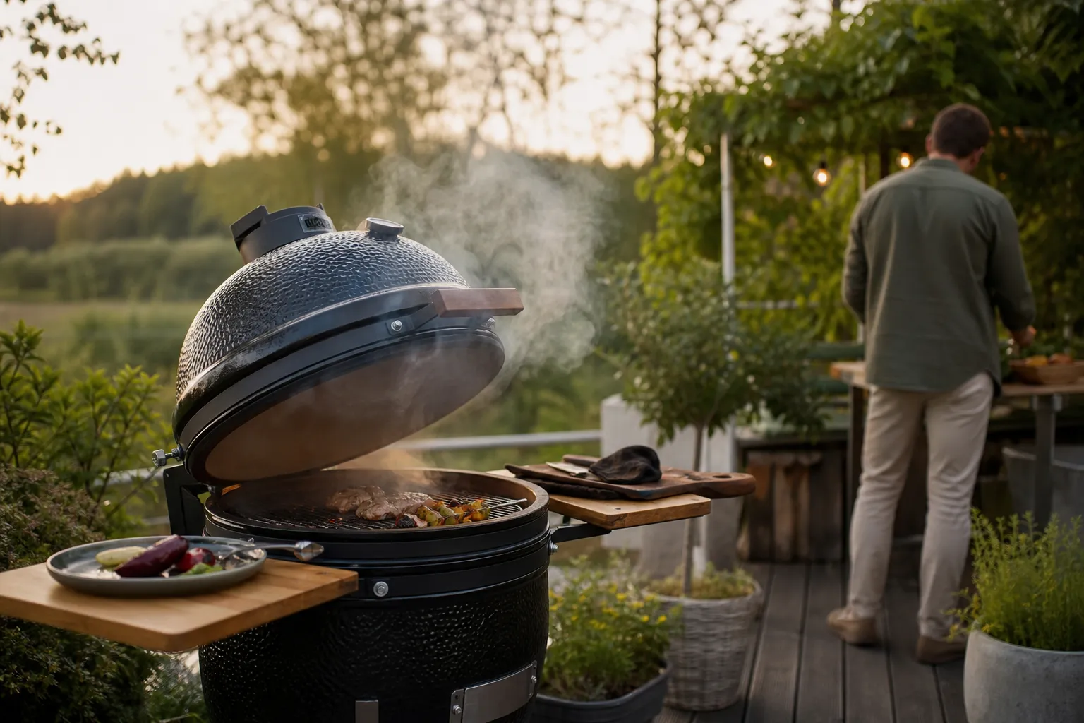 Person jämför två kamadogrillar i keramik på en uteplats