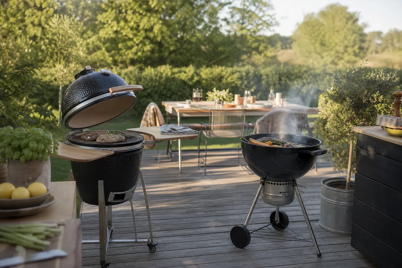 Kamadogrill i keramik bredvid en klotgrill i plåt