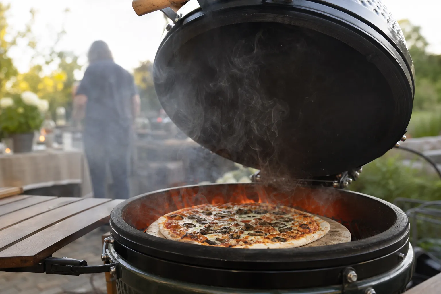 Pizza gräddas på pizzasten inuti en stängd kamadogrill