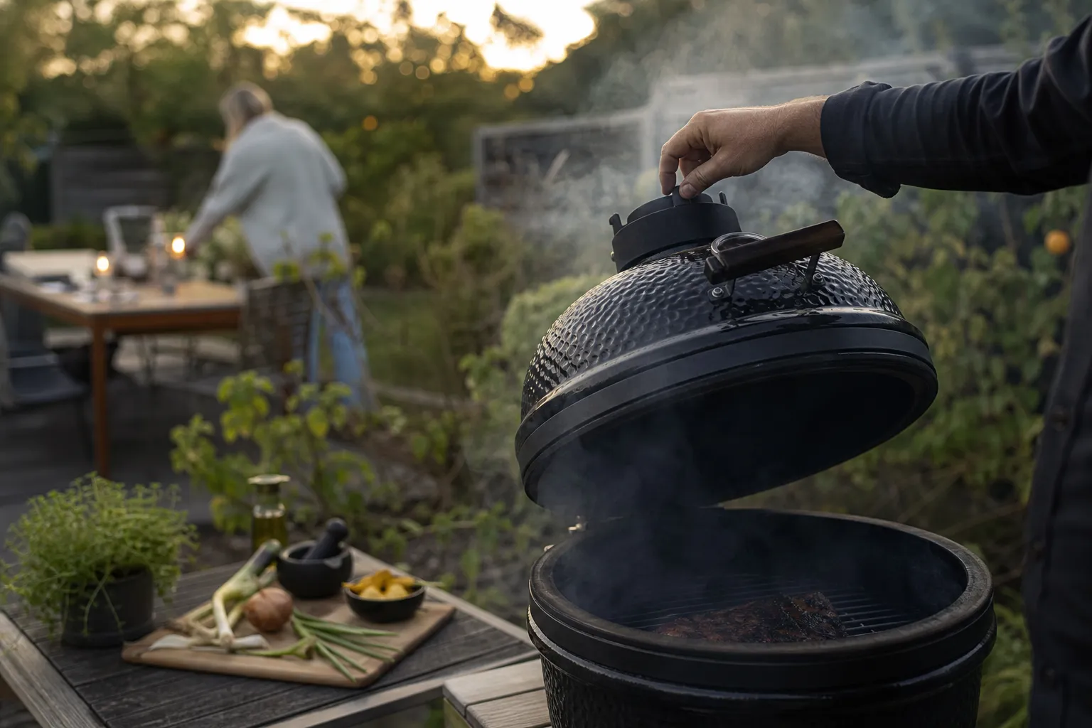 Termometer visar grilltemperatur på en kamados topventil
