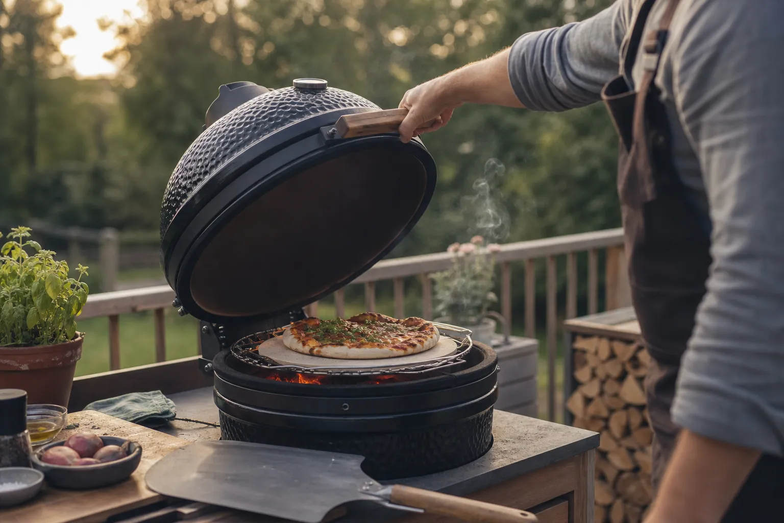 Kamadogrill med deflektorplatta och pizzasten placerade på gallret