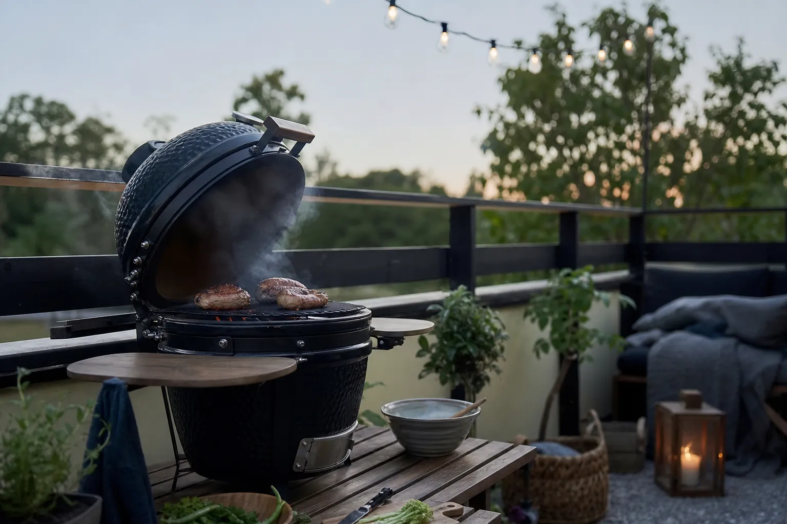 Kompakt kamadogrill i keramik på en balkong