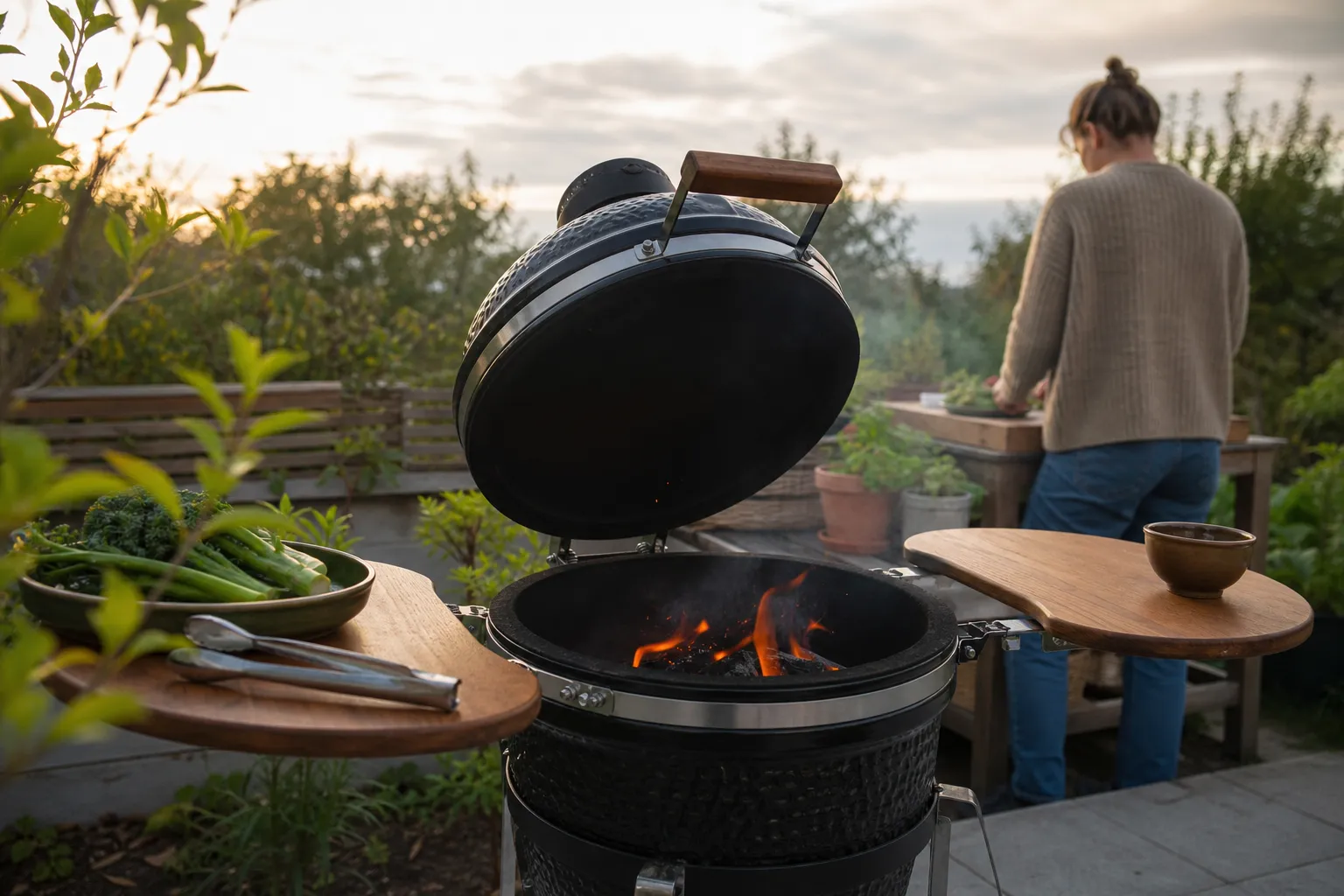 Kolbädd tänds inuti en kamados keramiska grillkropp