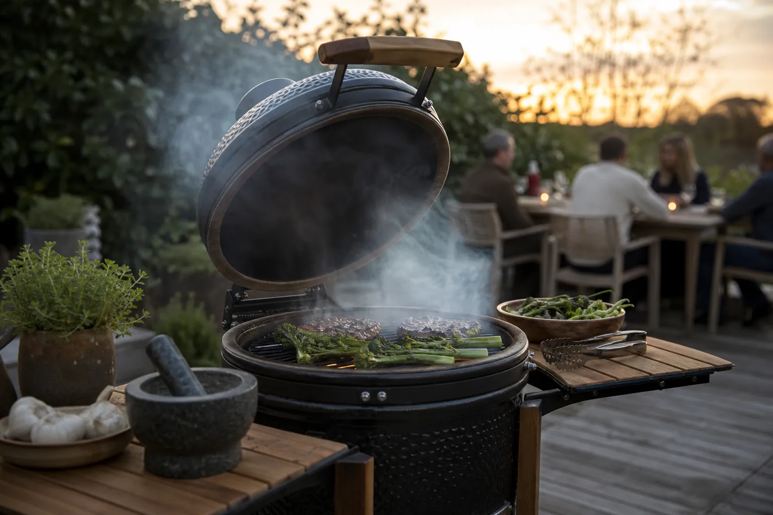 Äggformad kamadogrill i keramik med öppet lock utomhus