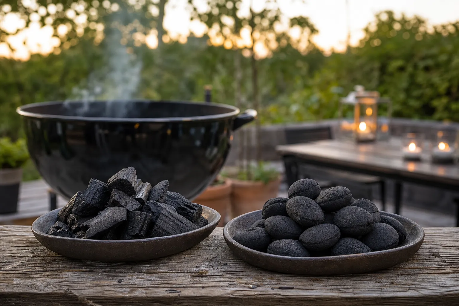 Grillkol och briketter jämförda sida vid sida i en skål