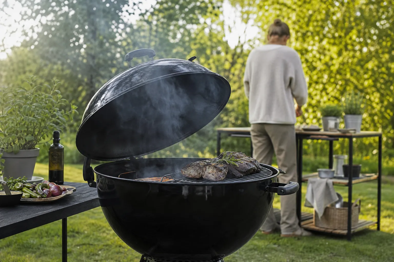 Klotgrill med välvt lock och kolbädd på uteplats