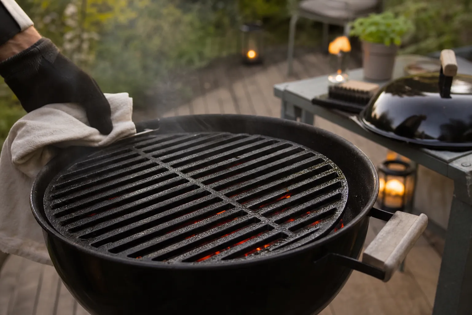Gjutjärnsgaller på kolgrill efter rengöring