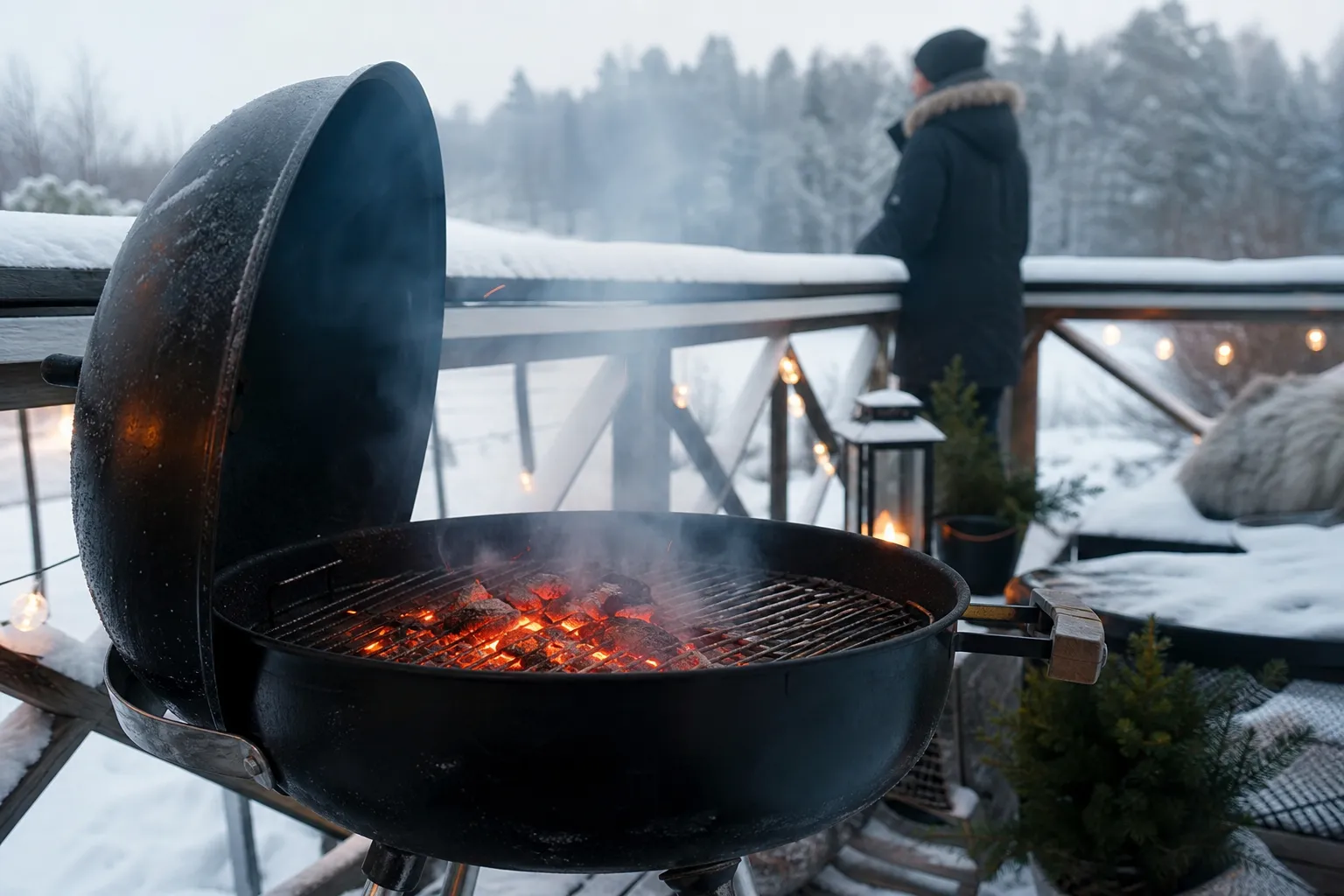 Kolgrill används utomhus i vinterväder