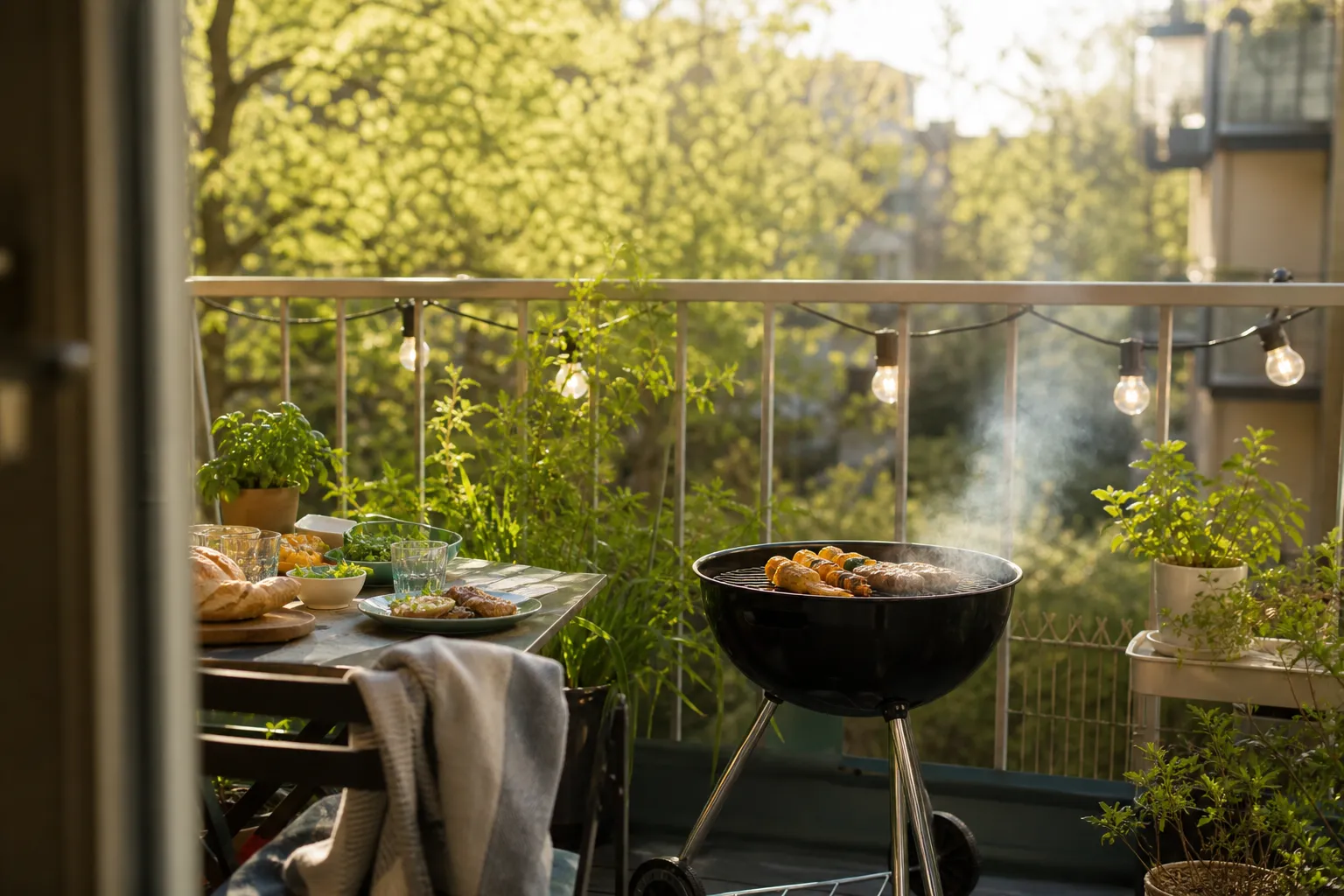 Liten kolgrill med glödande kol på en balkong
