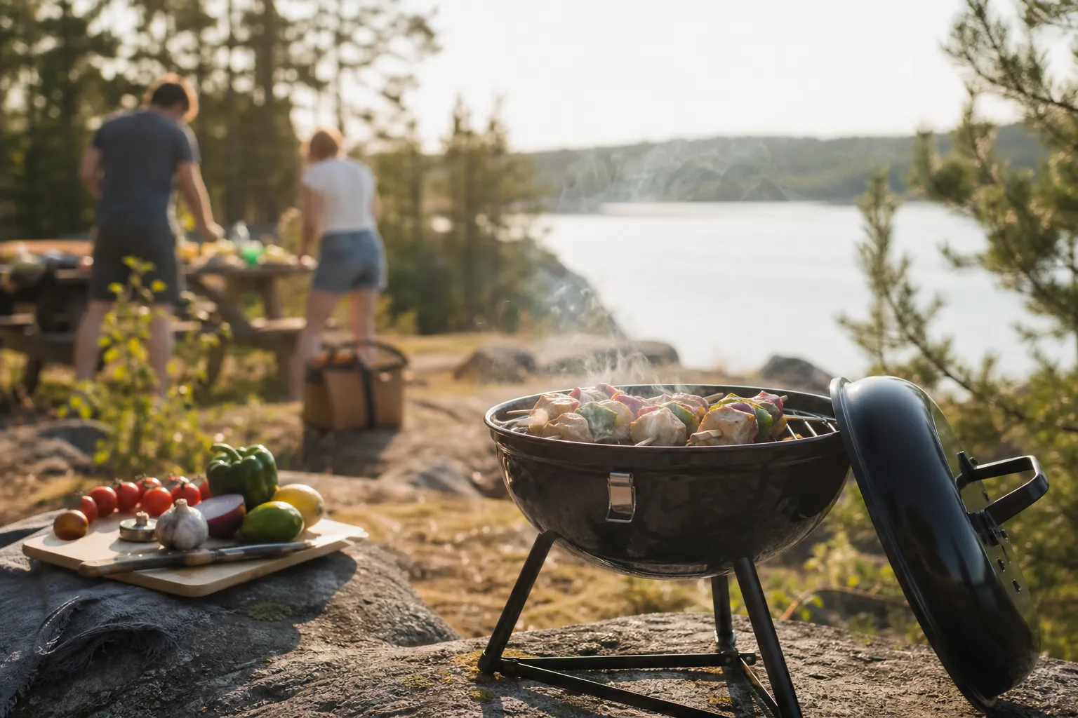 Portabel kolgrill packad för utflykt utomhus