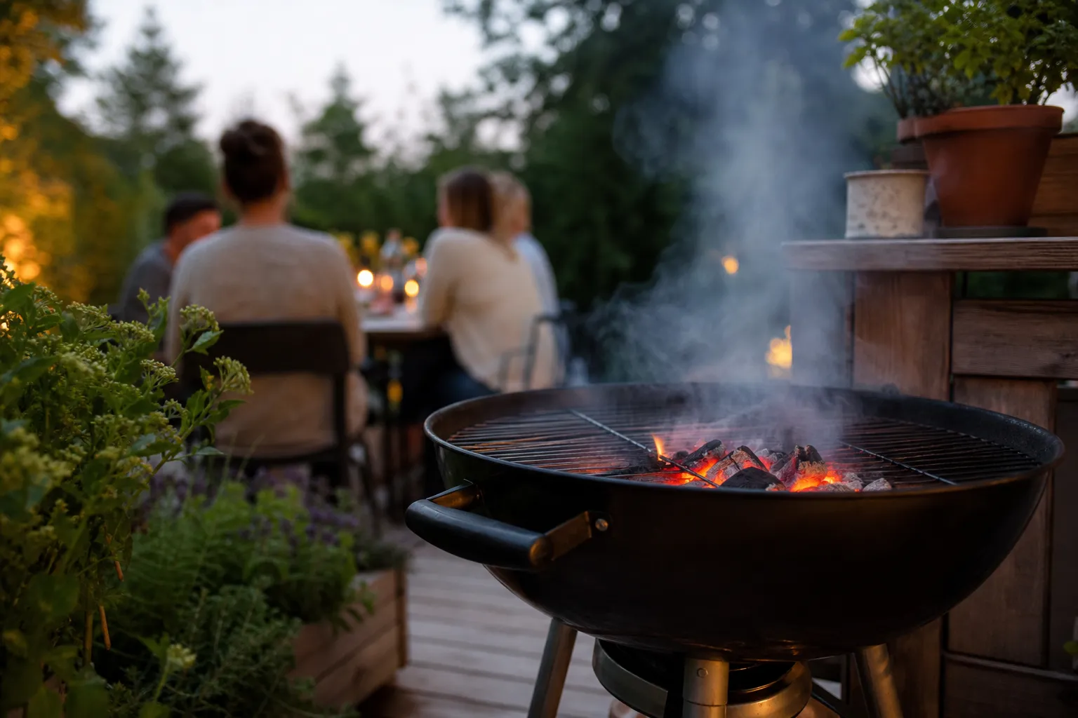 Kolgrill med glödande kol och grillgaller utomhus