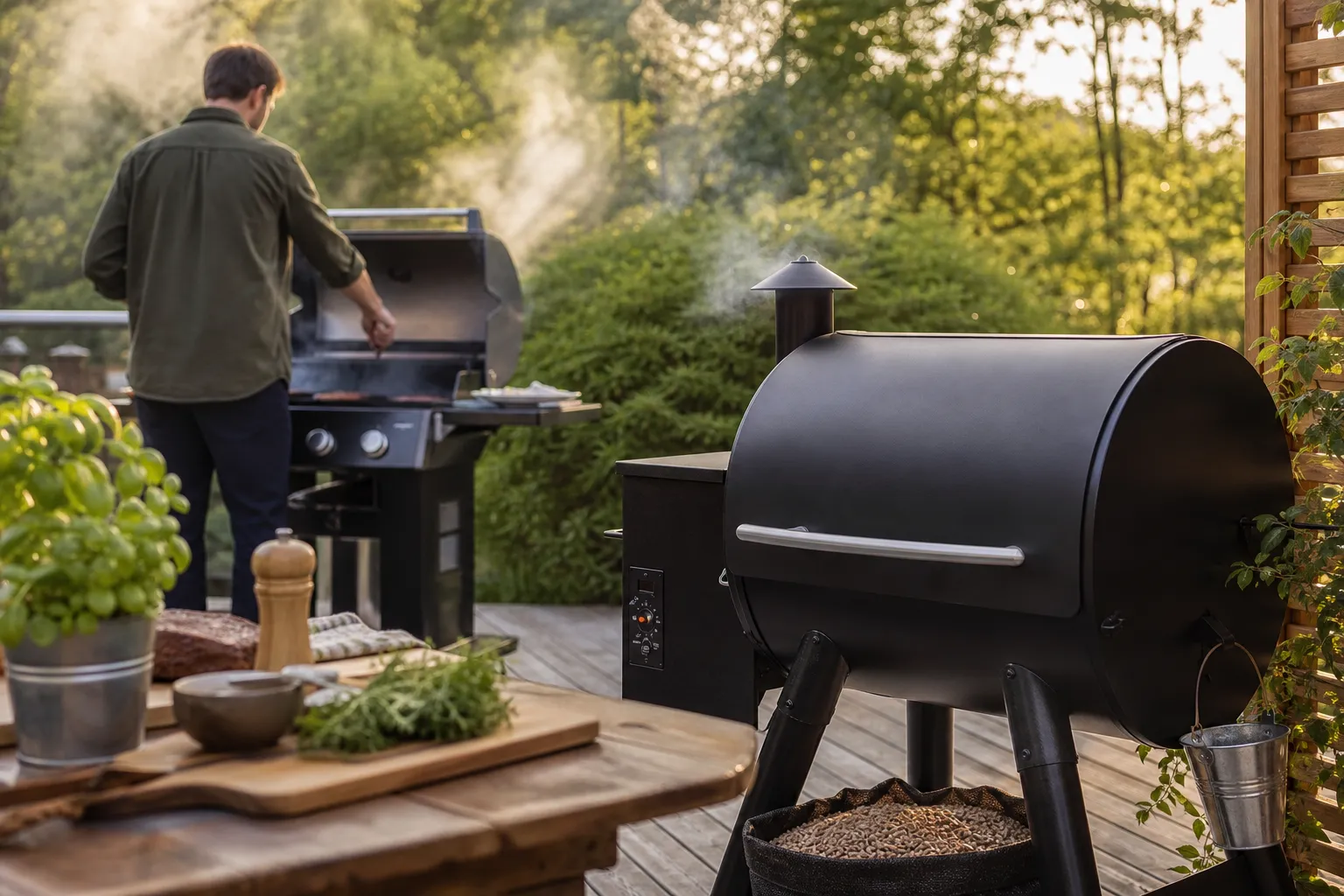 Pelletsgrill och gasolgrill uppställda bredvid varandra utomhus