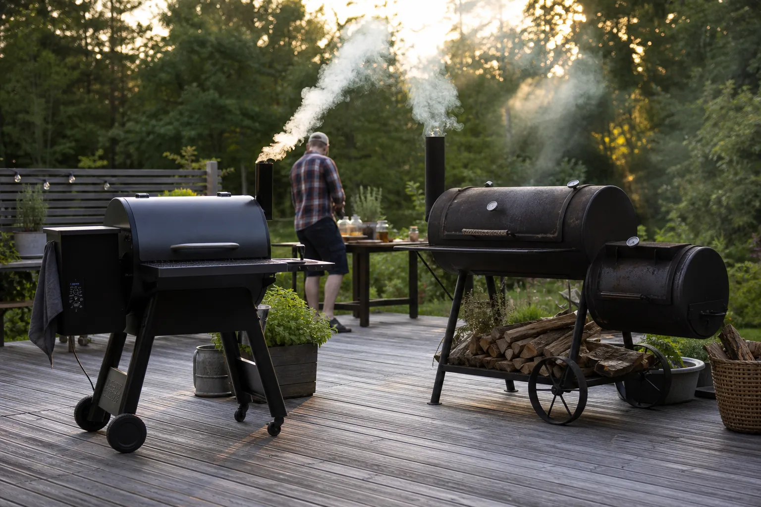 Pelletsgrill och vedeldad offsetsmoker uppställda utomhus