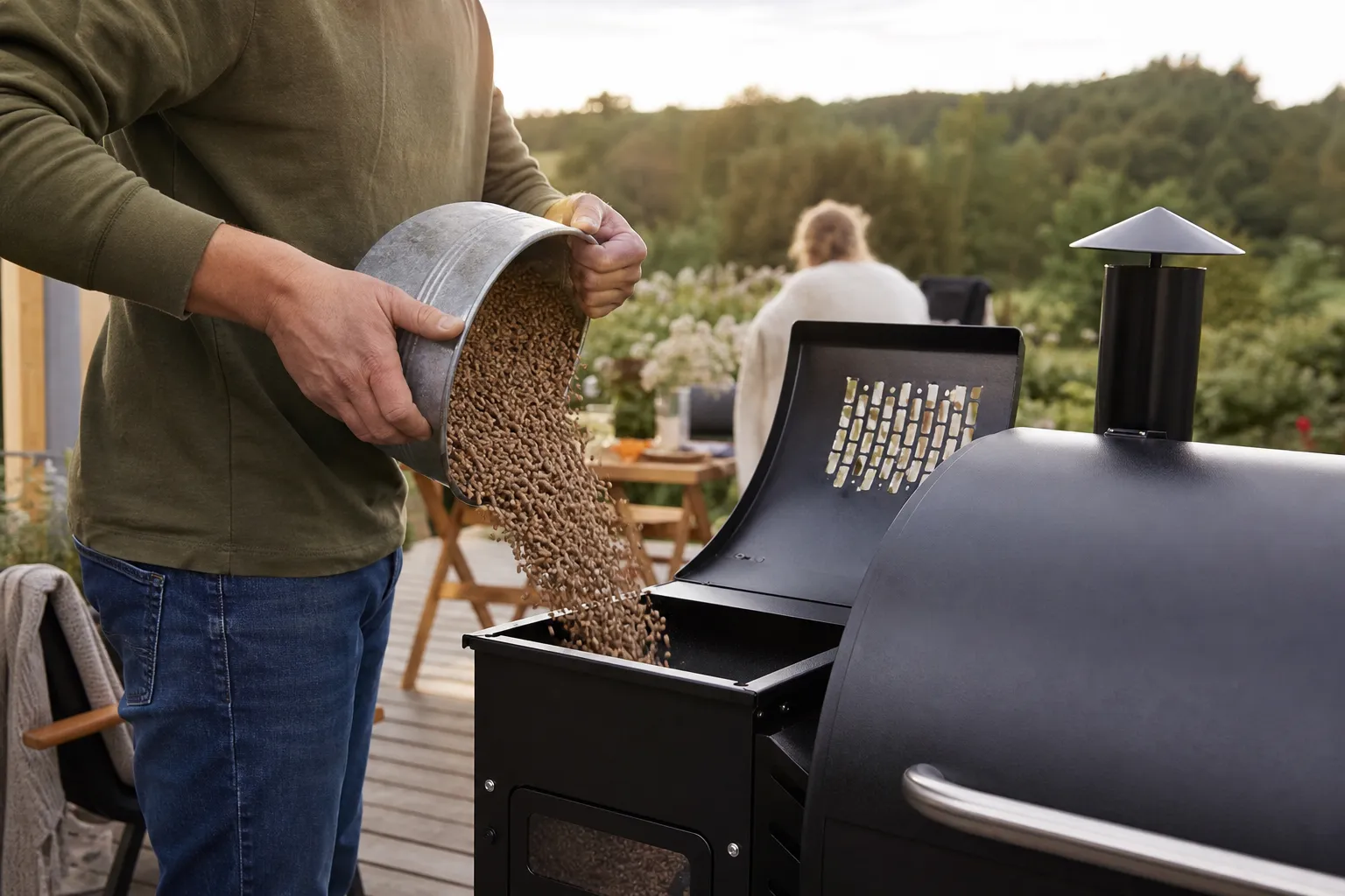 Person fyller pelletsbehållaren på en pelletsgrill inför första tändningen