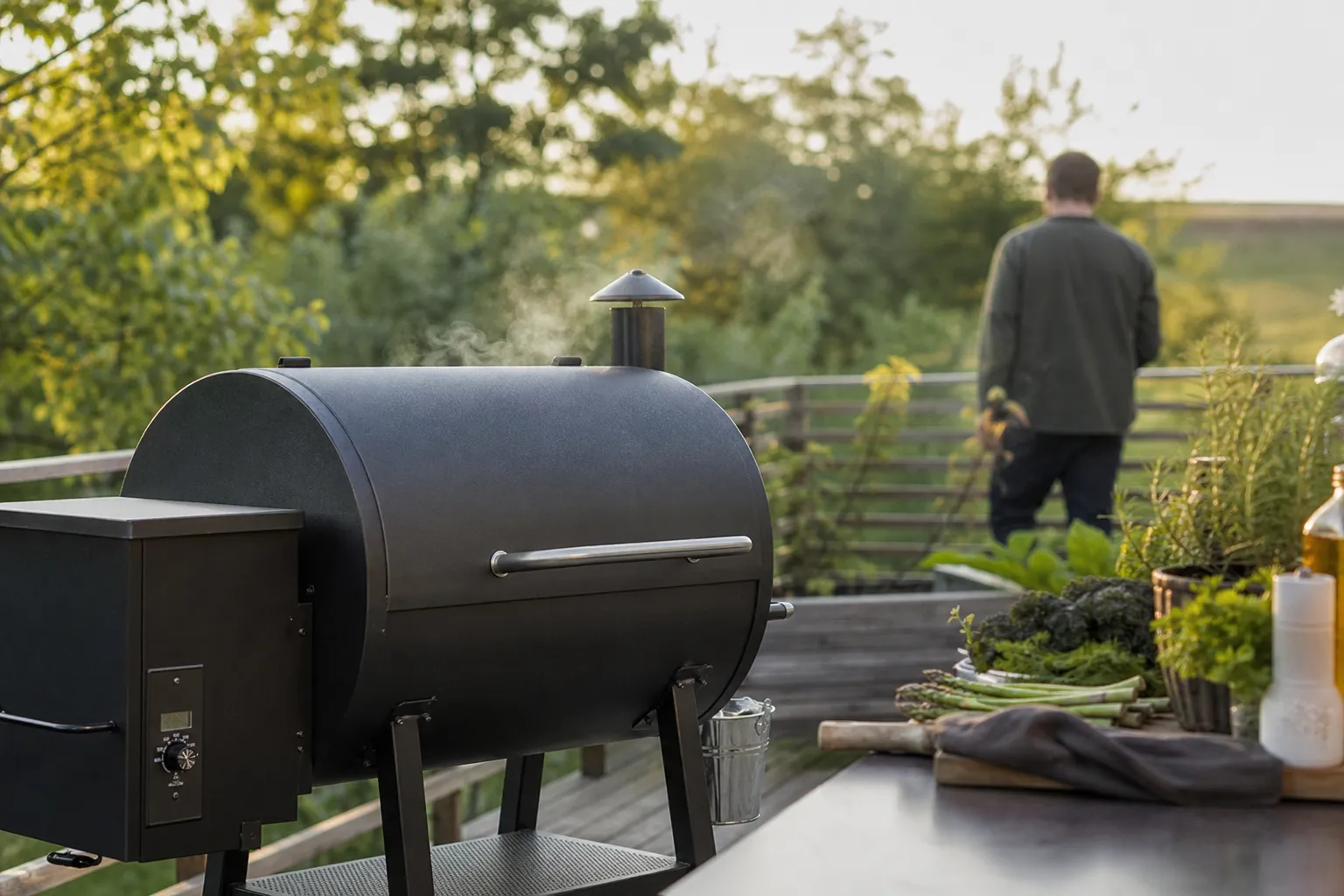Kontrollpanel på en pelletsgrill visar inställd temperatur