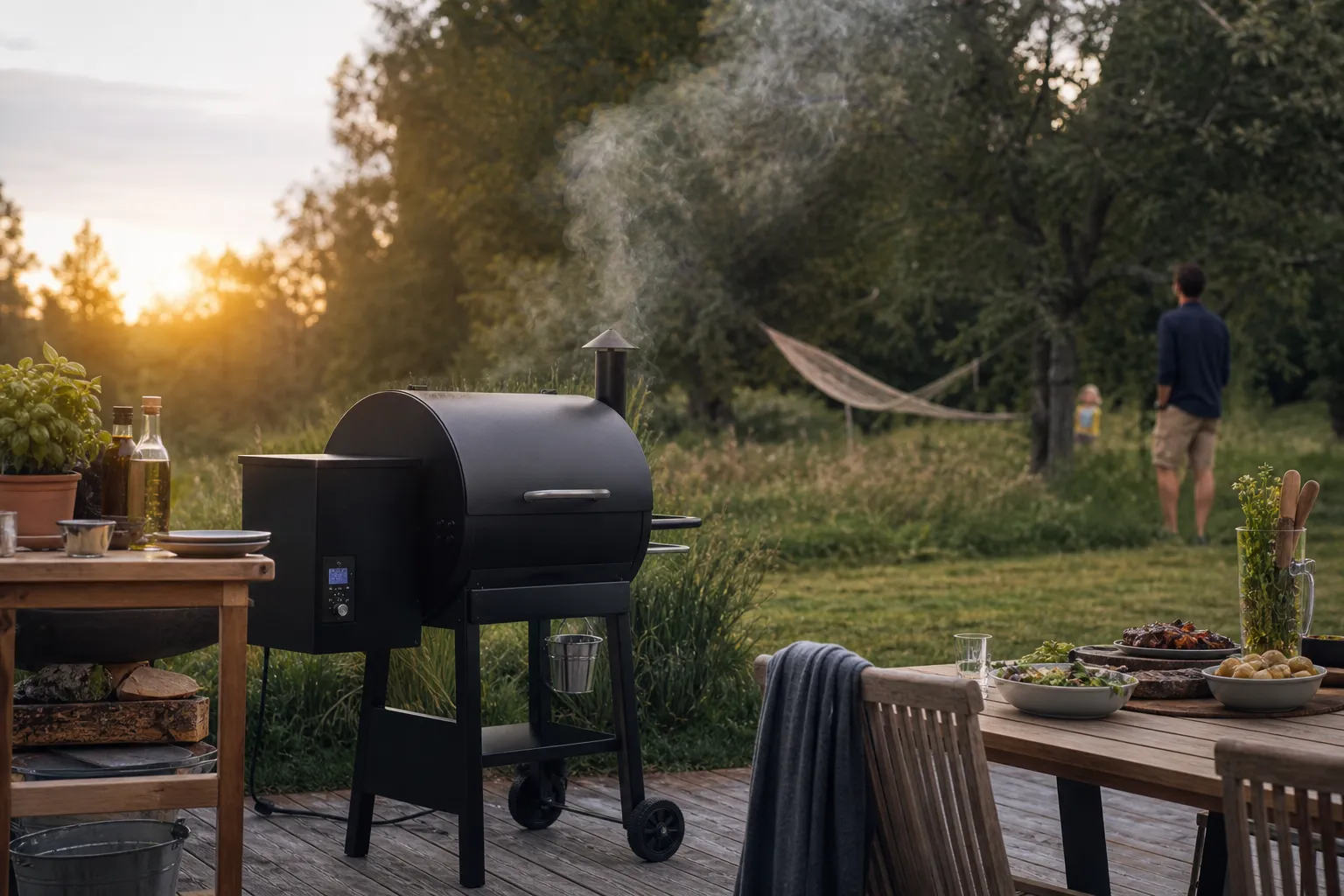 Pelletsgrill med lock stängt och rök som stiger ur skorstenen