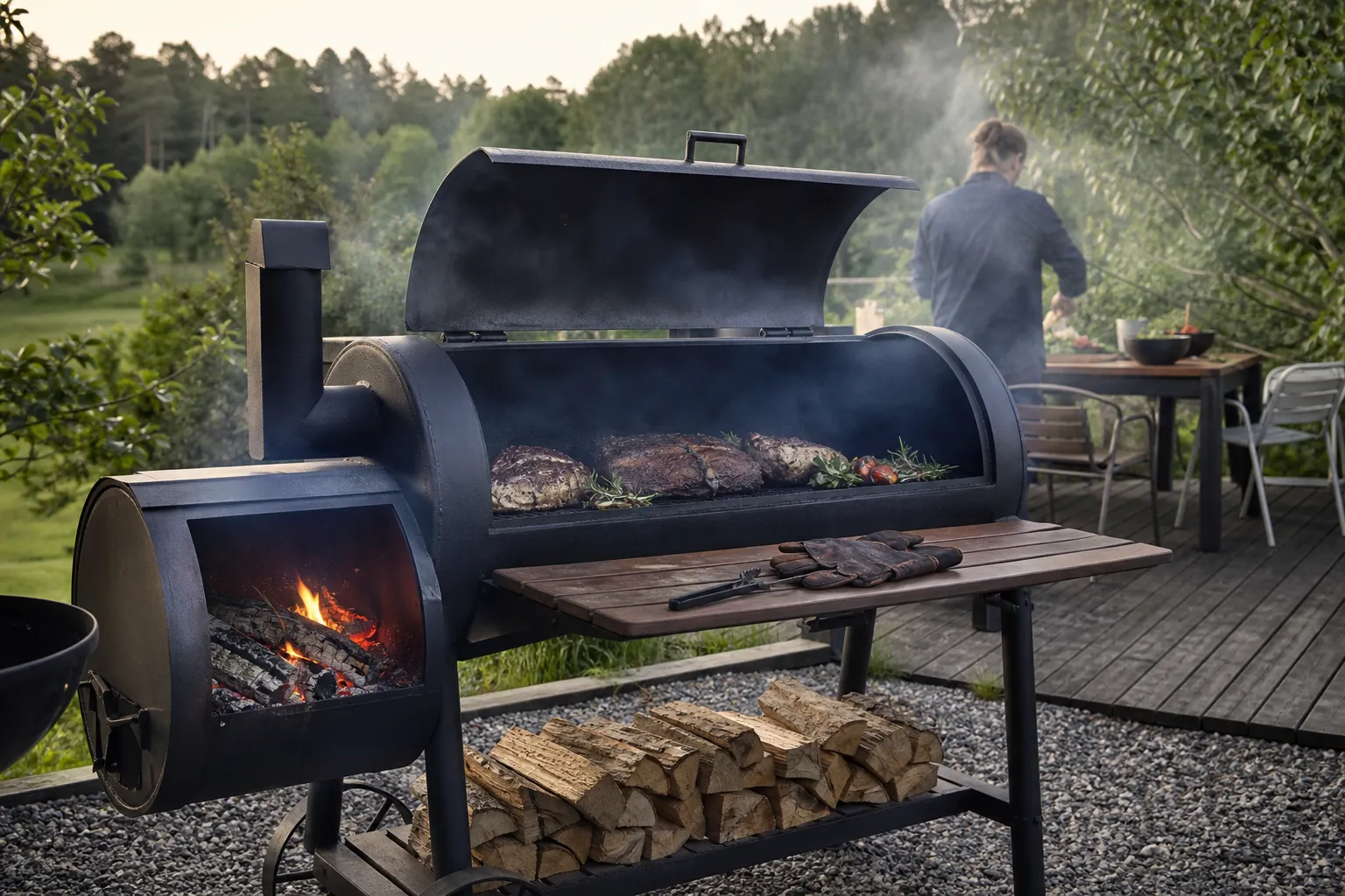 Offset smoker med rund eldbox vid sidan av rökkammaren